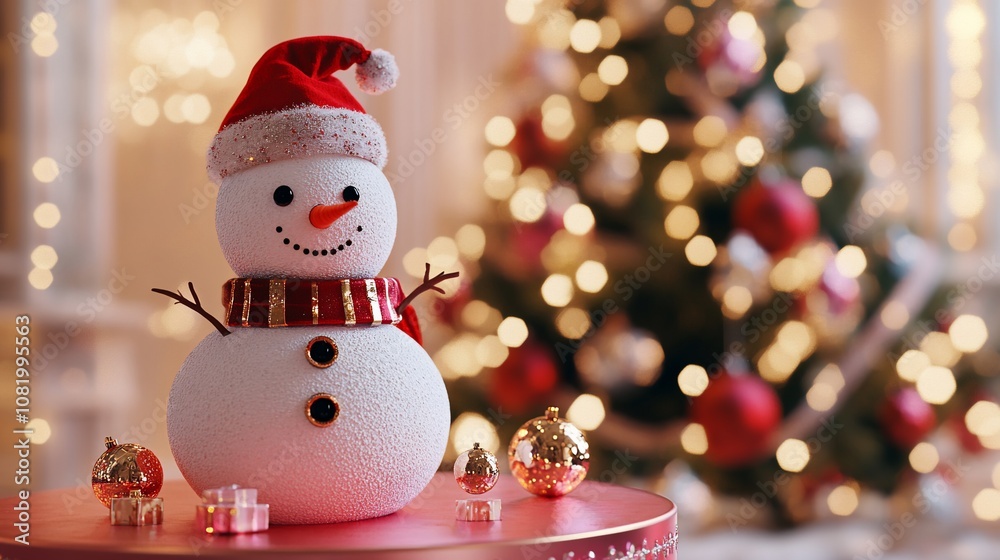 Festive snowman with a red Santa hat and scarf, on a pink table with Christmas ornaments and a blurred Christmas tree in the background. Festive snowman with a red Santa hat and scarf, on a pink table with Christmas ornaments and a blurred Christmas tree in the background.