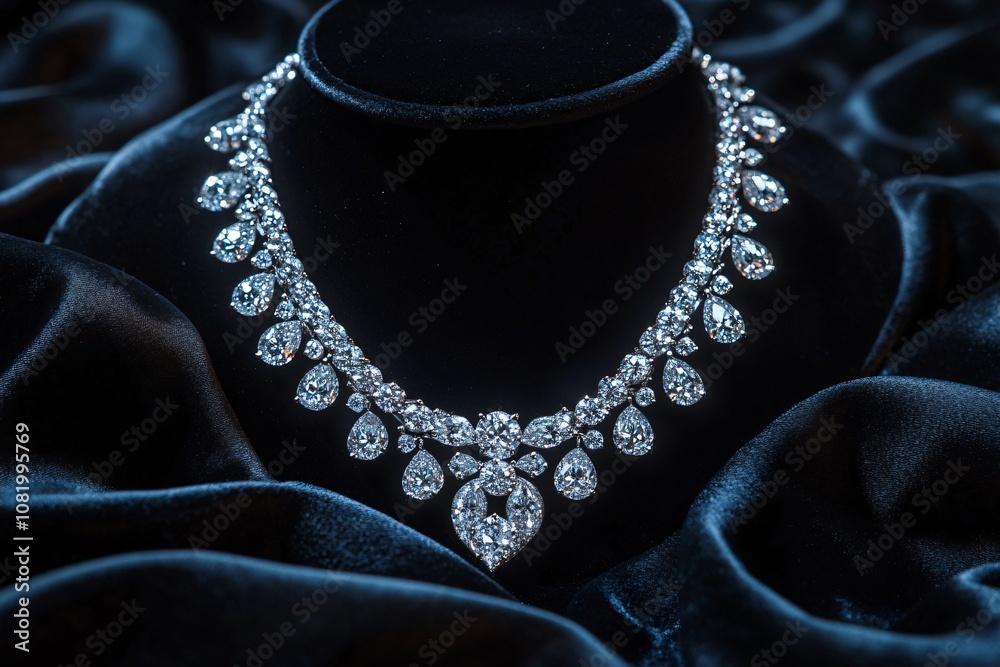 Stunning diamond necklace sparkles on a luxurious black velvet background, showcasing exquisite craftsmanship and timeless elegance