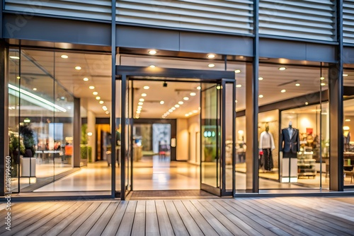 Grand entrance of modern shopping mall with glass doors