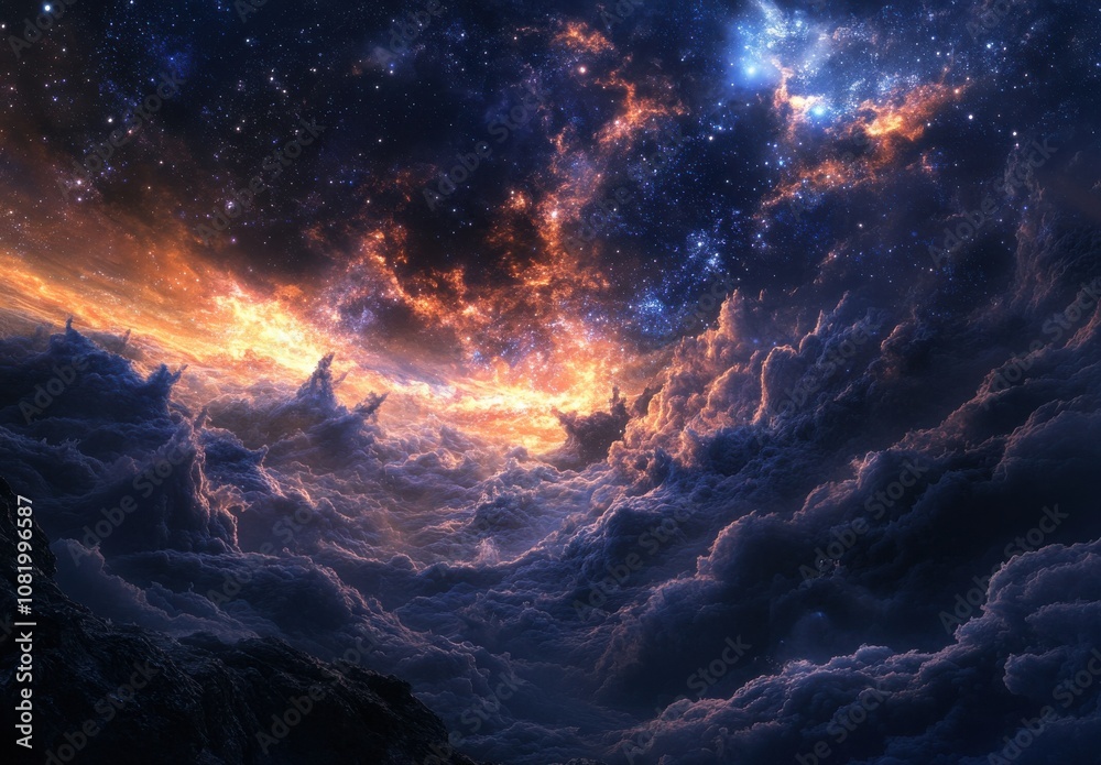 Breathtaking Cosmic Landscape with Vibrant Colors and Celestial Elements, Showcasing a Stunning Galactic Horizon and Dramatic Cloud Formations in the Universe Breathtaking Cosmic Landscape with Vibrant Colors and Celestial Elements, Showcasing a Stunning Galactic Horizon and Dramatic Cloud Formations in the Universe