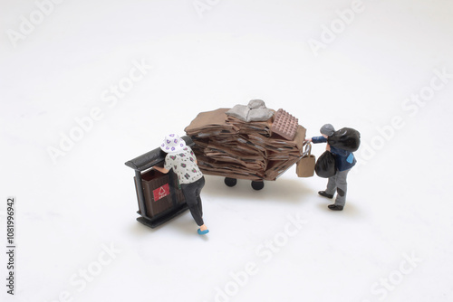 Miniature Figures Recycling and Collecting Cardboard Waste