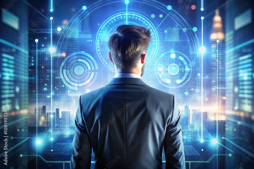 A man standing in the front of digital screen with advanced systems and cyber security A man standing in the front of digital screen with advanced systems and cyber security