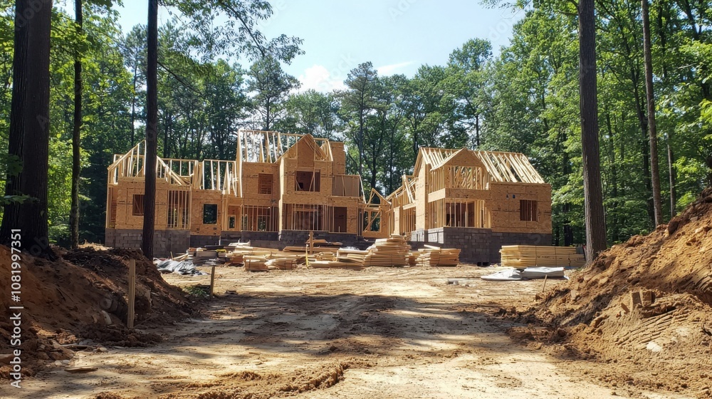 Wooden Frame Houses Under Construction in Forest Wooden Frame Houses Under Construction in Forest