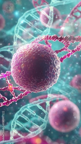 Molecular Structures with DNA and Cells in a Vibrant Scientific Background. Seamless looping motion design. Video animation. Molecular structures, DNA strands, and cells, creating a visually stunning
