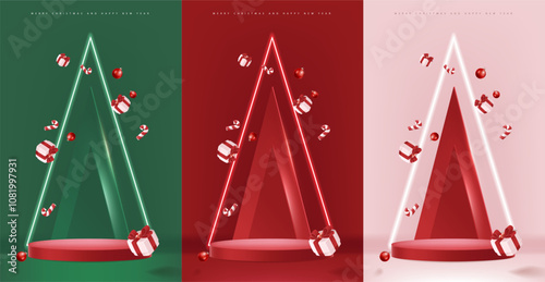 Merry Christmas and happy new year banner with red product display cylindrical shape and christmas tree and Light art decoration
