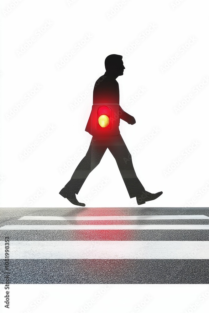 Silhouette of a man walking on a crosswalk with a Silhouette of a man walking on a crosswalk with a