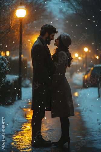 A couple stands close together in the snow, their faces illuminated by the warm glow of streetlights, as they share a romantic moment.