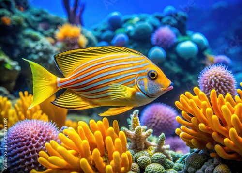 Wallpaper Mural Vibrant Yellow Striped Tropical Fish Swimming Among Colorful Coral Reefs in Crystal Clear Ocean Waters - Stunning Underwater Scene for Aquatic Enthusiasts and Nature Lovers Torontodigital.ca