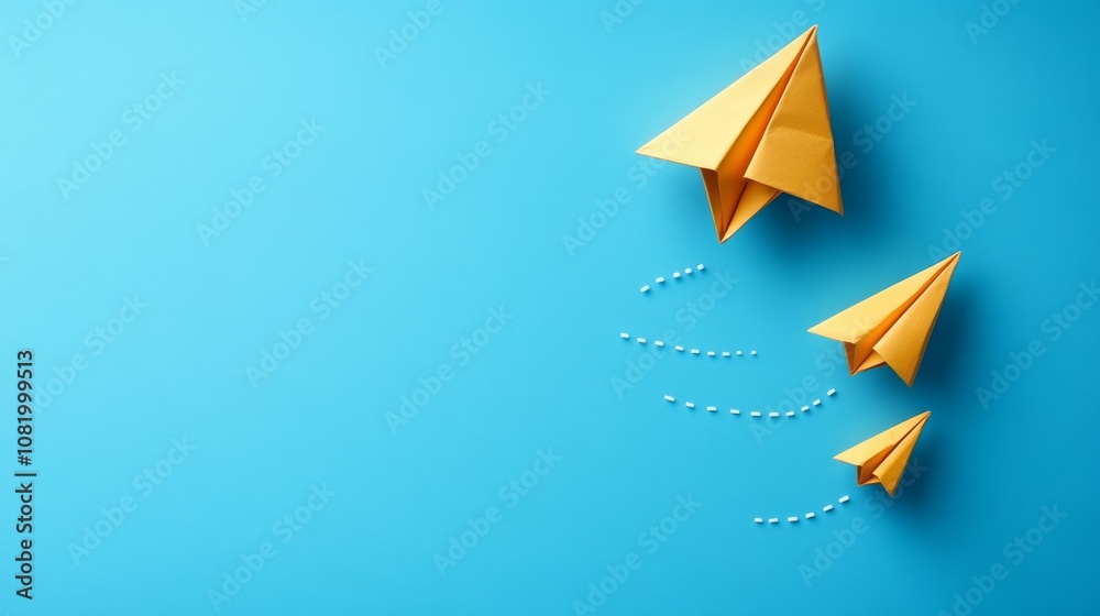 Naklejka premium A paper airplane flies through the air, leaving behind two lines of dotted trails on a blue background.