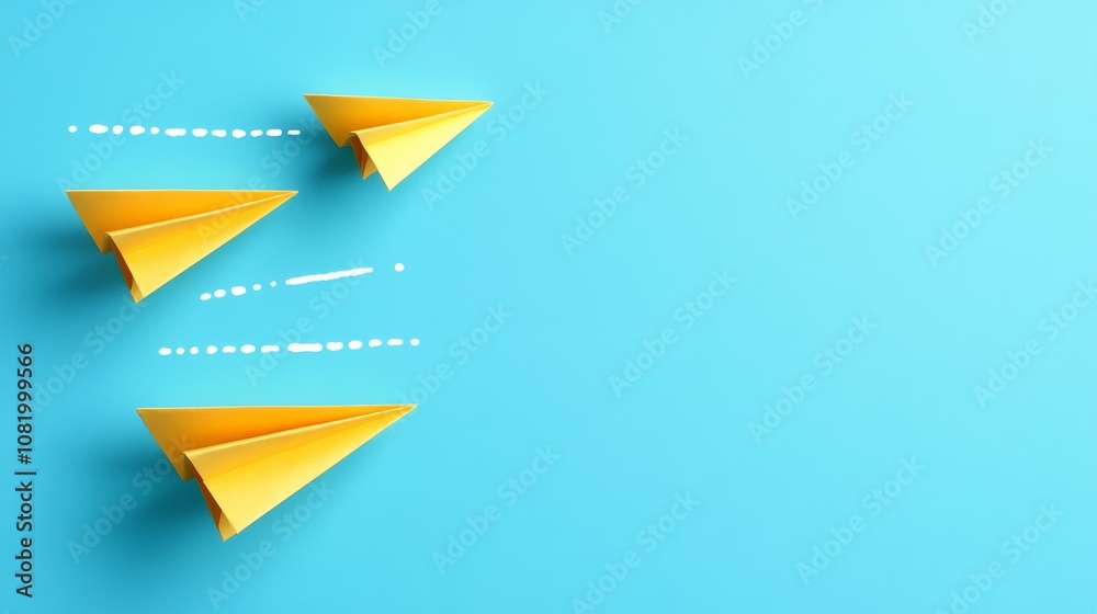 A paper airplane flies through the air, leaving behind two lines of dotted trails on a blue background. A paper airplane flies through the air, leaving behind two lines of dotted trails on a blue background.
