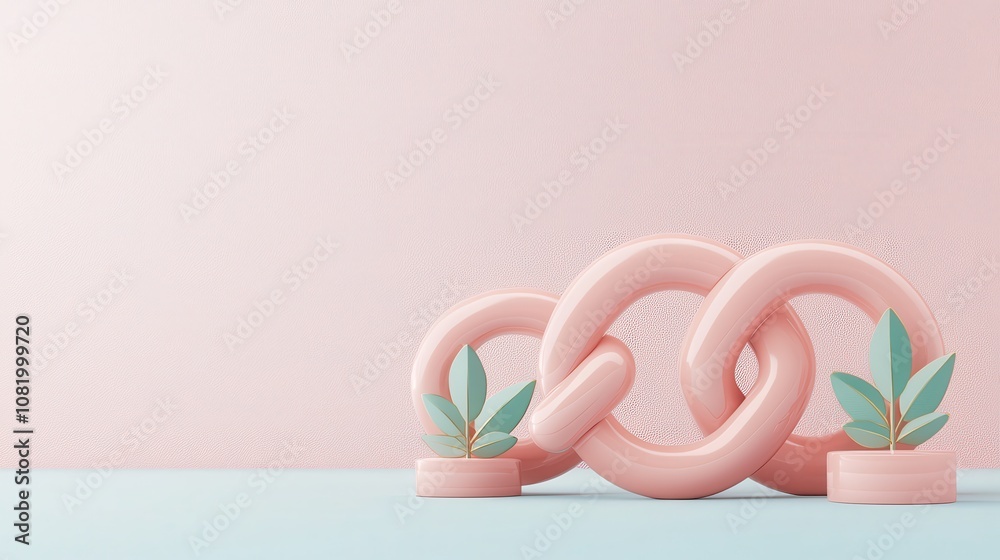 A stylized, minimalist composition featuring pink interconnected rings and potted plants against a soft pink backdrop. A stylized, minimalist composition featuring pink interconnected rings and potted plants against a soft pink backdrop.