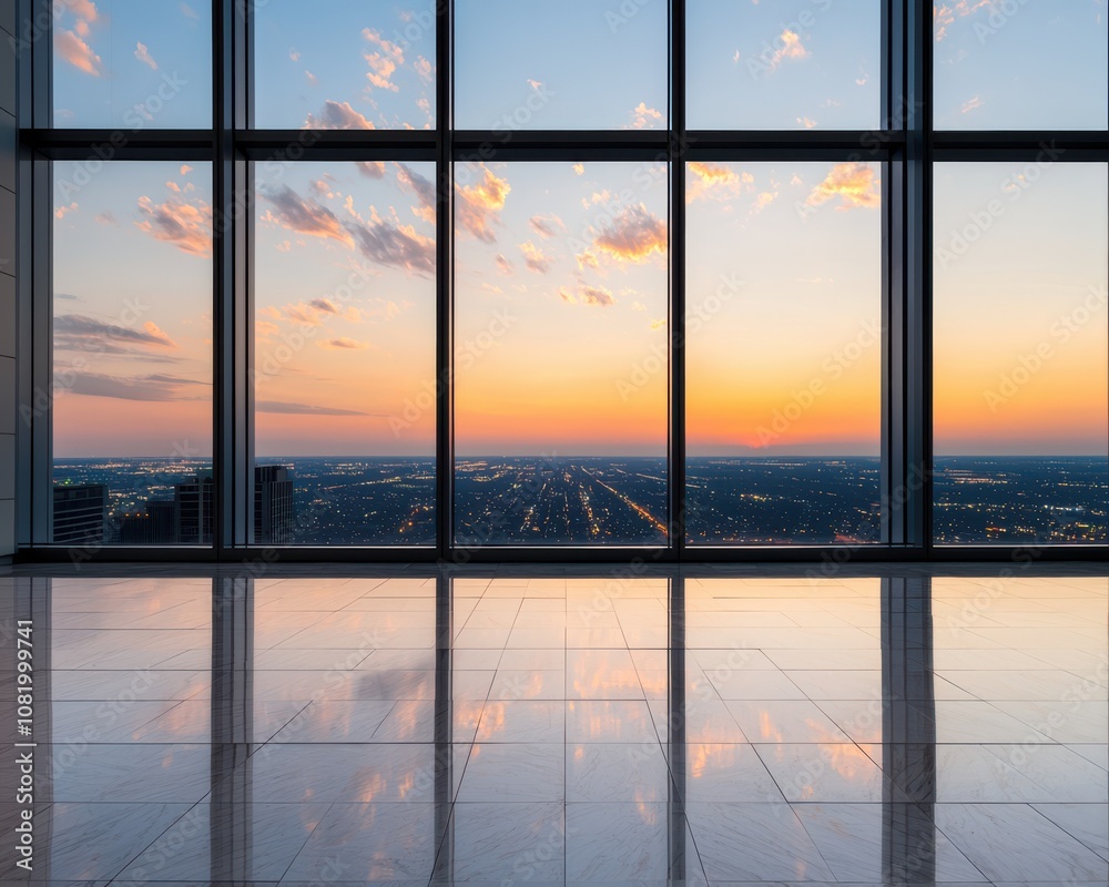 Sunset reflection on glass windows modern office space urban skyline serene environment wide angle view tranquil concept for business professionals Sunset reflection on glass windows modern office space urban skyline serene environment wide angle view tranquil concept for business professionals