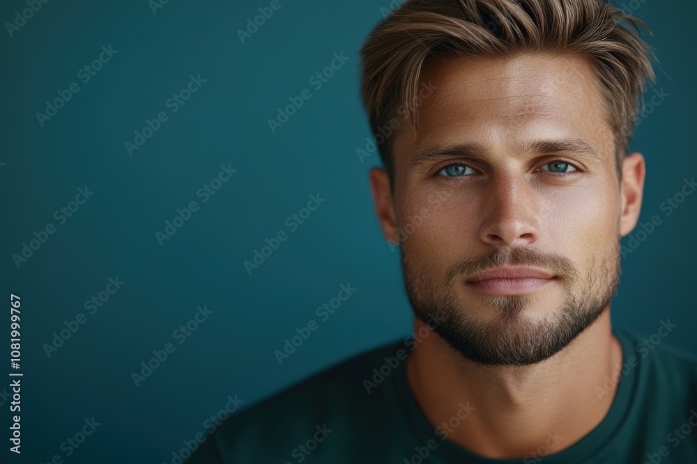 Close-up of a man with striking blue eyes and stylish hair indoors Close-up of a man with striking blue eyes and stylish hair indoors
