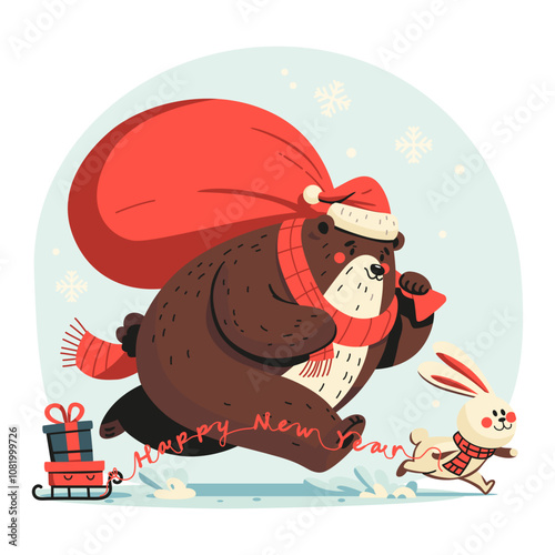 The bear and the rabbit are rushing with a gift bag to give gifts for Christmas and New Year.