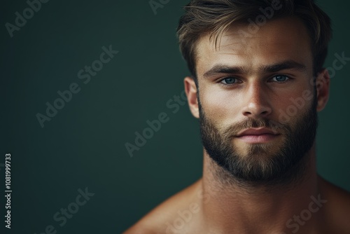 Young man with a beard poses confidently against a dark background