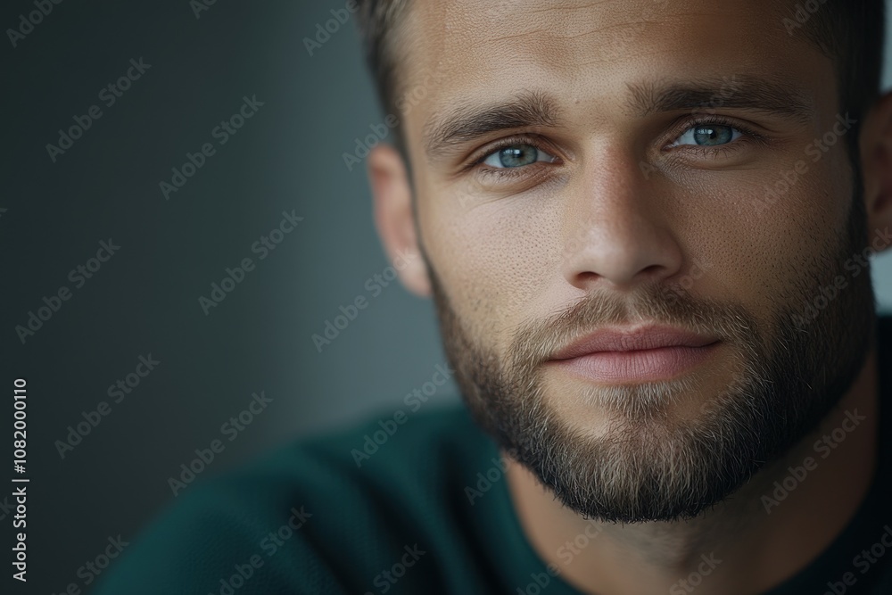 Young man with piercing blue eyes and a well-groomed beard indoors Young man with piercing blue eyes and a well-groomed beard indoors