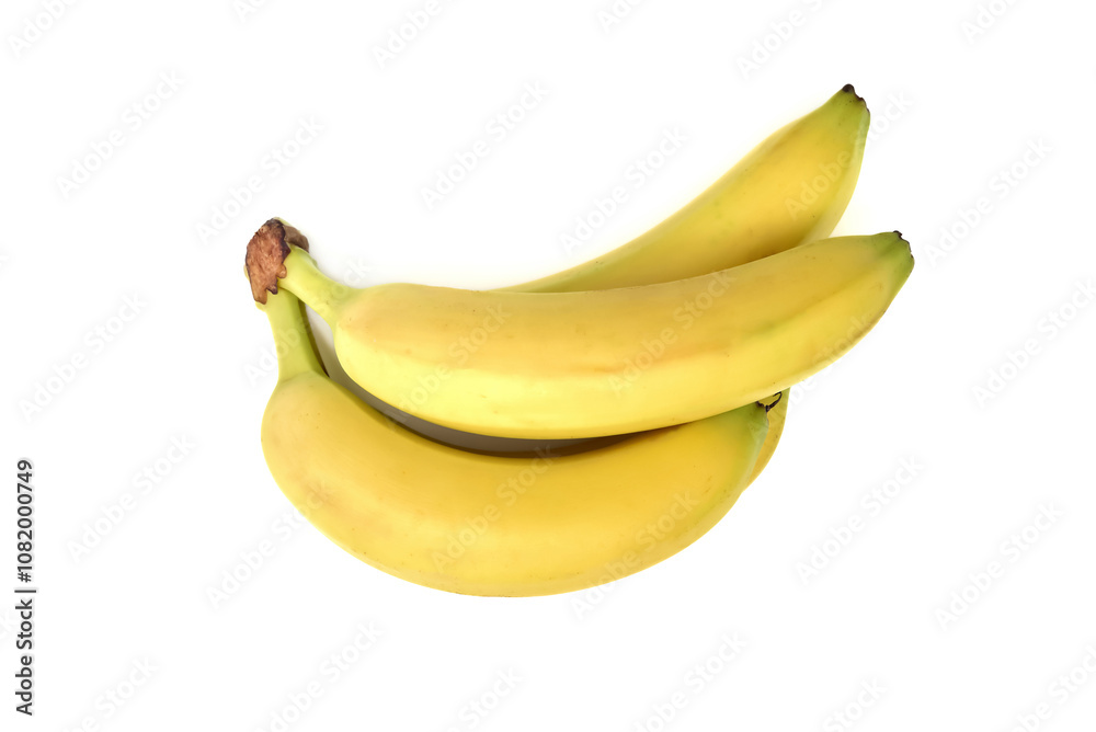Bunch of yellow ripe bananas isolated on the white background. Top view. Copy space. Close-up. Bunch of yellow ripe bananas isolated on the white background. Top view. Copy space. Close-up.