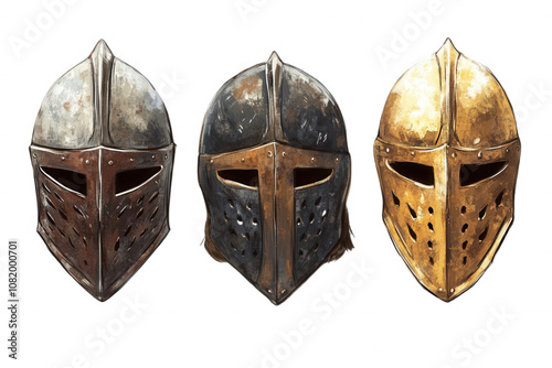 Three ancient warrior helmets, transparent background