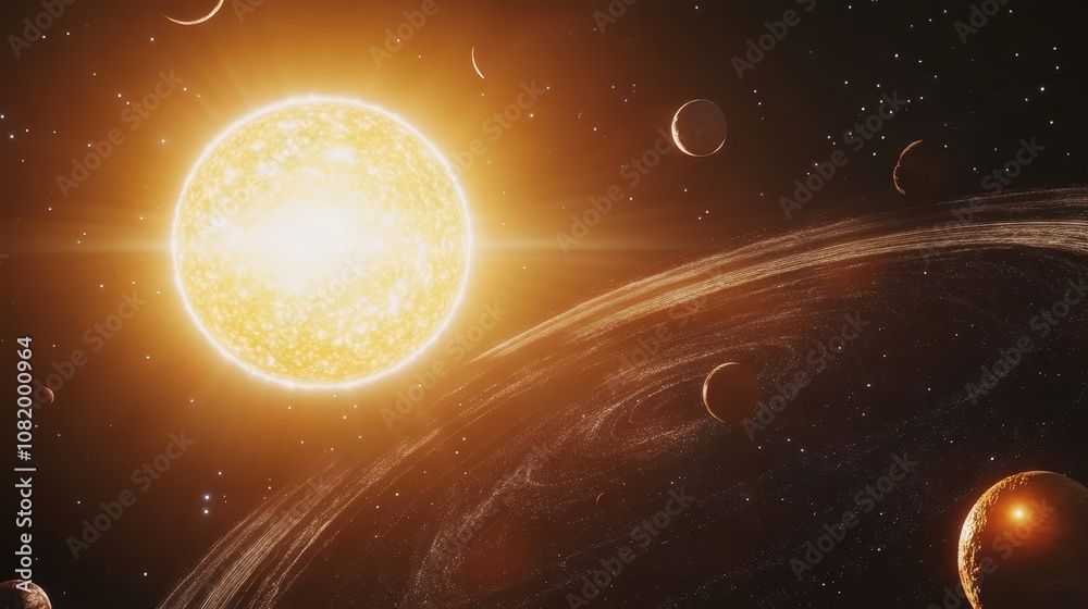 Obraz premium A detailed illustration of the solar system, with planets orbiting around a bright, glowing sun.