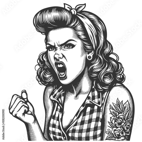 fierce retro woman with a floral tattoo, showing frustration and empowerment in a vintage style sketch engraving generative ai vector illustration. Scratch board imitation. Black and white image.