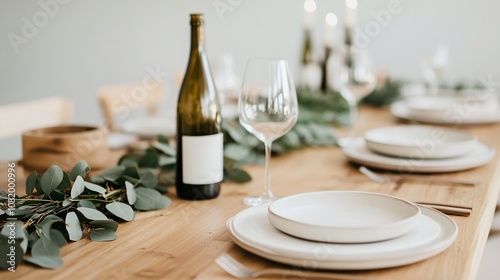 Elegant Dining Table Setting Featuring Wine Bottle, Glass, Simple Plates, and Greenery for Cozy Gatherings and Celebrations in Warm Atmosphere