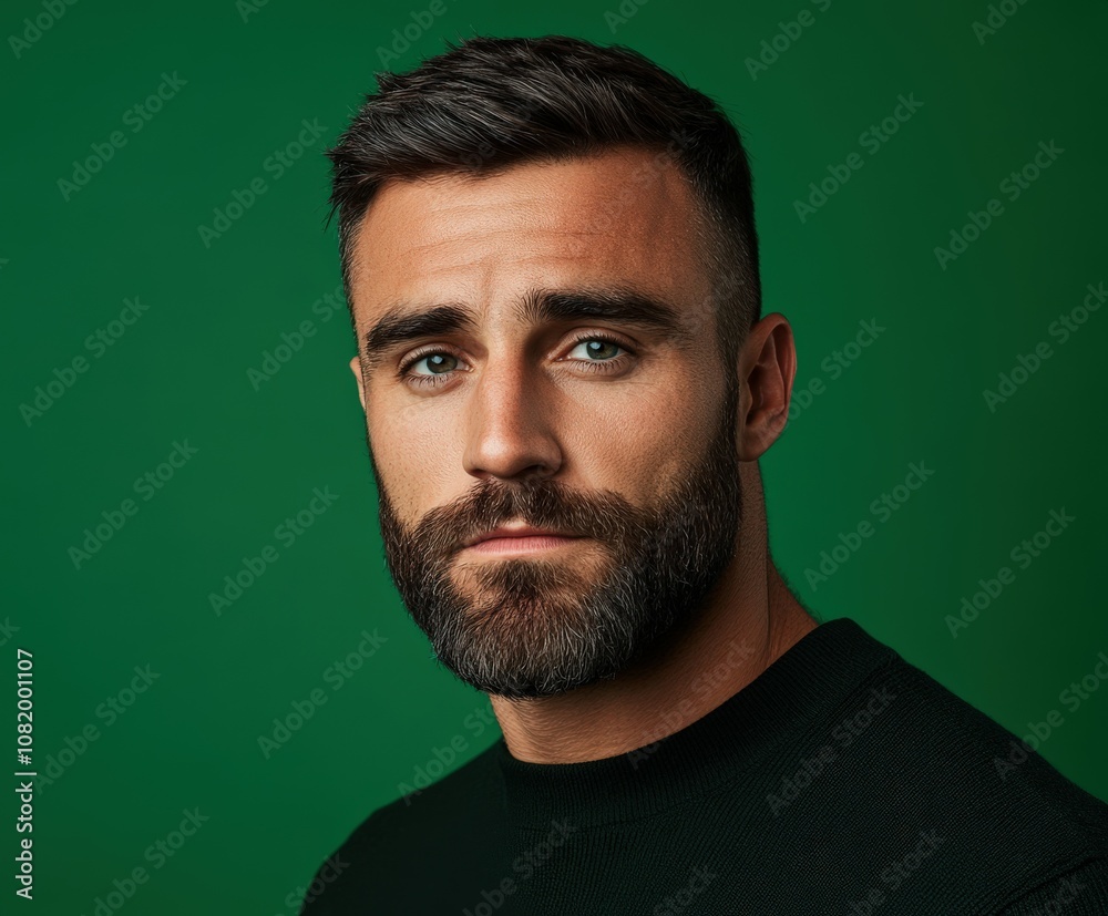 Young man with a stylish beard poses against a green backdrop Young man with a stylish beard poses against a green backdrop