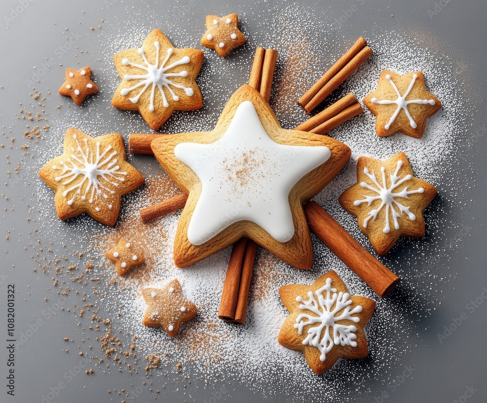 A festive composition of ginger cookies in the shape of stars, decorated with white icing, surrounded by cinnamon sticks and powdered sugar. Cookies look beautiful on a dark surface A festive composition of ginger cookies in the shape of stars, decorated with white icing, surrounded by cinnamon sticks and powdered sugar. Cookies look beautiful on a dark surface