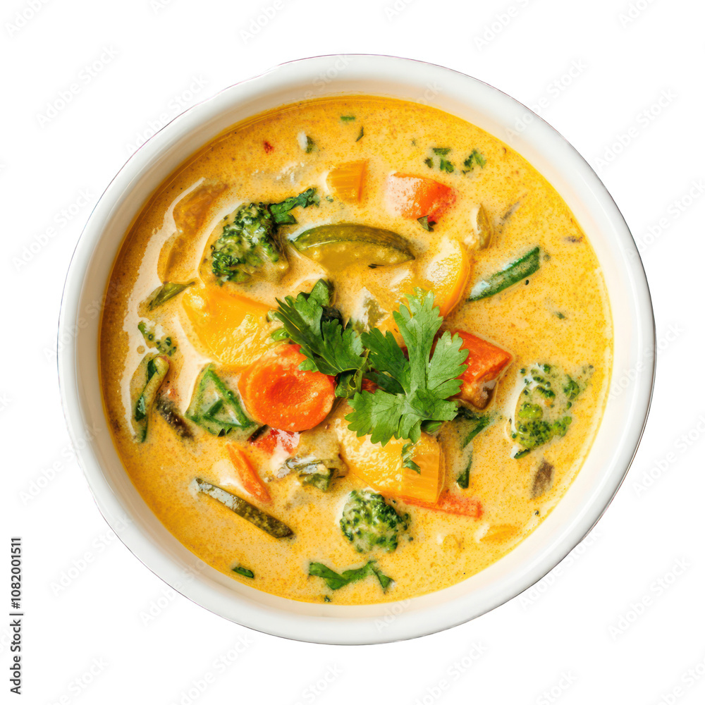 Creamy Curry Soup with Vegetables in a White Bowl top view isolated on transparent background Creamy Curry Soup with Vegetables in a White Bowl top view isolated on transparent background