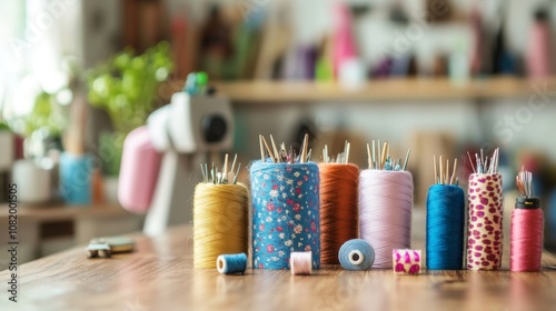 Sewing Essentials Organized on a Craft Table photo