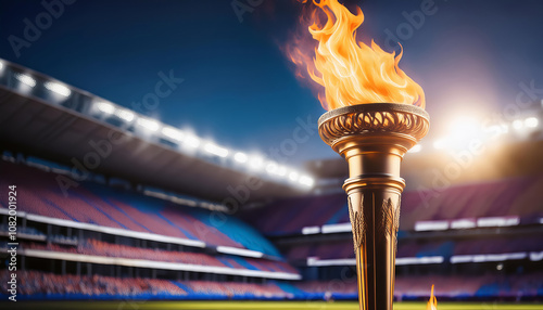 Olympic torch relay event stadium venue sports photography nighttime atmosphere close-up perspective celebration of unity and excellence