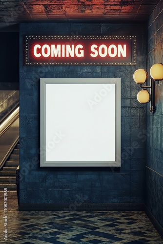 Empty isolated cinema poster panel on the wall of theater walkway white blank mockup movie frame with 'coming soon' text for insert design.