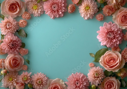 Wallpaper Mural Elegant Arrangement of Soft Pink Flowers Surrounding a Light Blue Background, Creating a Charming and Delicate Floral Frame for Various Creative Projects Torontodigital.ca