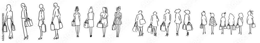 Various people with hands held in the air. Line art of an old man with his son. Modern family line art. Various people with hands held in the air. Line art of an old man with his son. Modern family line art.