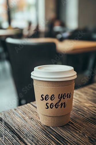 Conceptual hand writing showing 'see you soon'. concept meaning used for saying goodbye to someone and going to meet again soon stationary placed next to a coffee cup above wooden table.