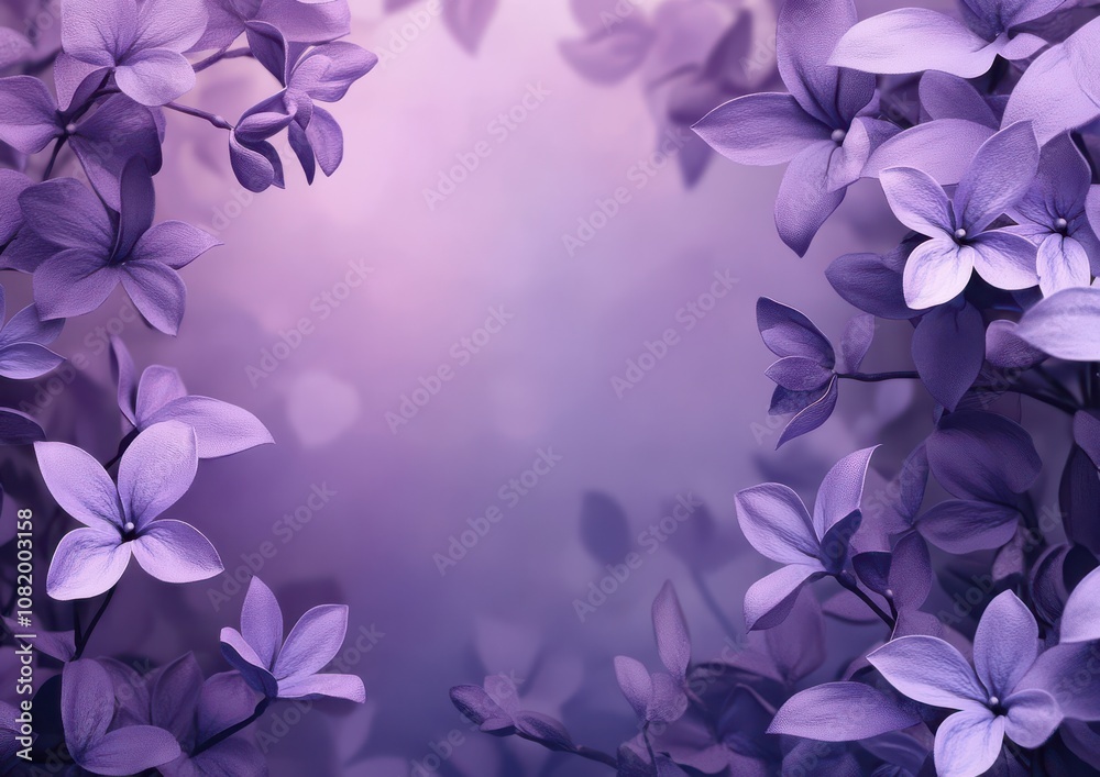 Obraz premium Ethereal Purple Floral Background with Delicate Blossoms Framing a Soft Focus Center, Ideal for Elegant Invitations, Greeting Cards, or Artistic Designs