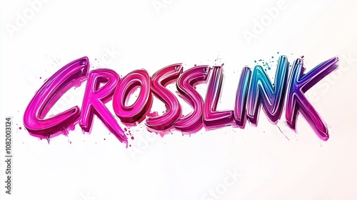 3D text "Crosslink" in pink, purple and blue with splatters on a white background.