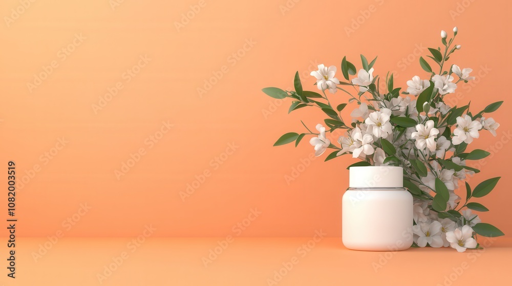 Elegant moisturizer jar with blossoming flowers studio setting product photography warm tones close-up beauty concept Elegant moisturizer jar with blossoming flowers studio setting product photography warm tones close-up beauty concept