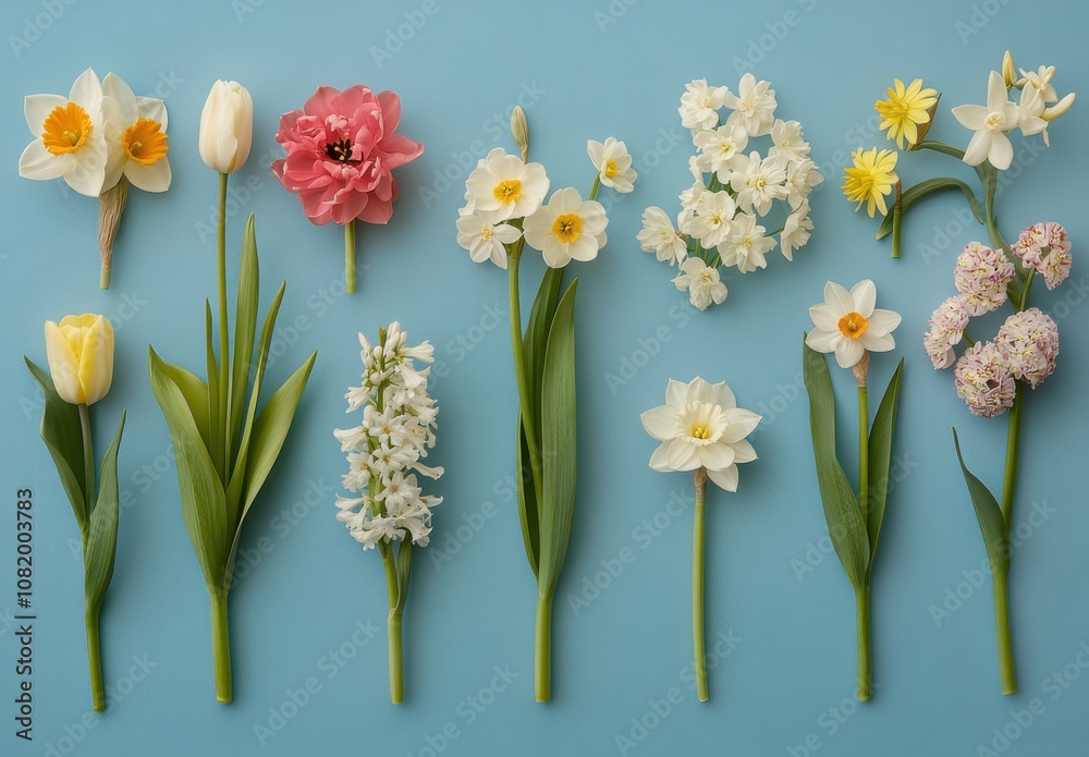 Colorful Arrangement of Spring Flowers on a Blue Background Showcasing Tulips, Daffodils, Hyacinths, and More in a Beautiful Floral Display Colorful Arrangement of Spring Flowers on a Blue Background Showcasing Tulips, Daffodils, Hyacinths, and More in a Beautiful Floral Display