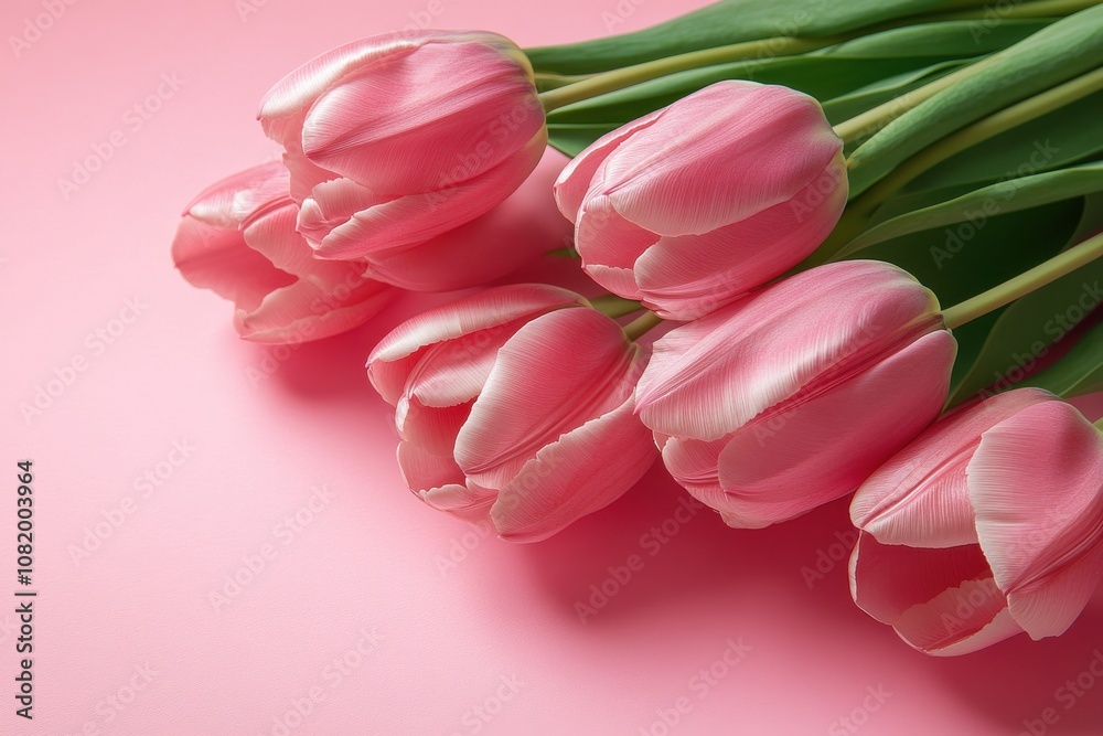 Obraz premium Delicate Pink Tulips on a Soft Pink Background Perfect for Spring Decor, Floral Arrangements, Wedding Celebrations, or Romantic Gifts to Celebrate Love