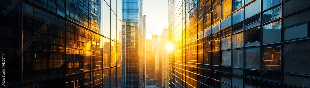Stunning Sunrise Reflects Off Towering Glass Skyscrapers in the Heart of the City Stunning Sunrise Reflects Off Towering Glass Skyscrapers in the Heart of the City