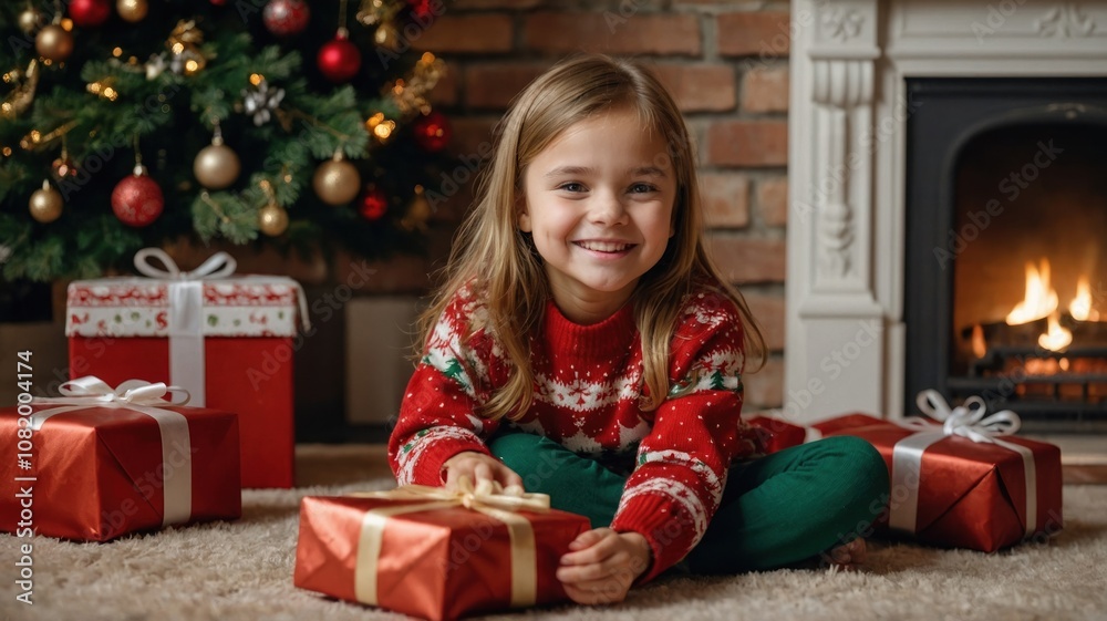 little girl opening christmas present looking little girl opening christmas present looking