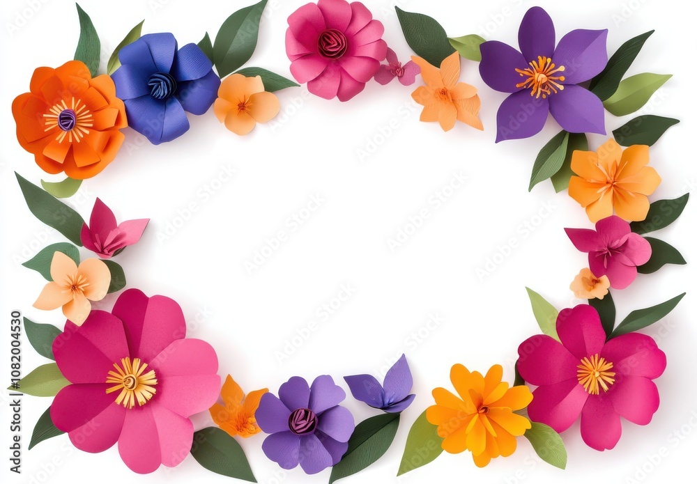 Vibrant Paper Flowers in Various Colors Surrounding a Blank Space Ideal for Invitations, Greeting Cards, and Decorative Displays Vibrant Paper Flowers in Various Colors Surrounding a Blank Space Ideal for Invitations, Greeting Cards, and Decorative Displays