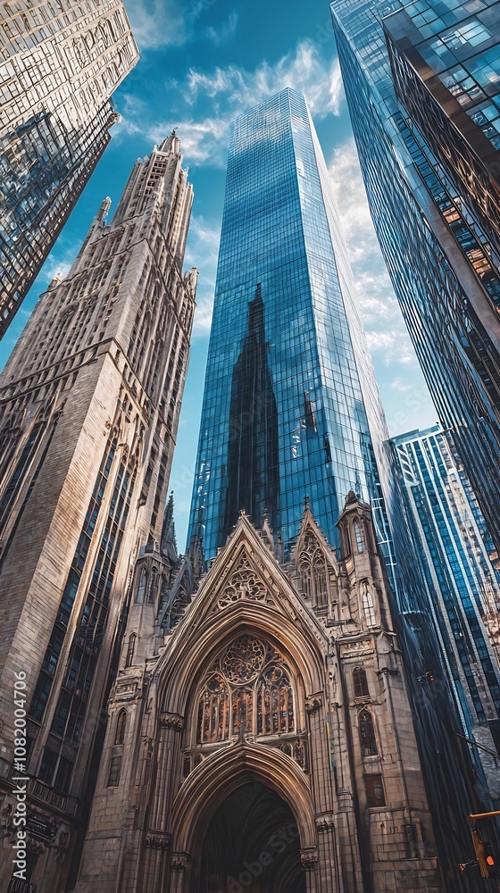 Naklejka premium Towering Gothic Architecture Contrasts with Modern Skyscrapers in Urban Cityscape