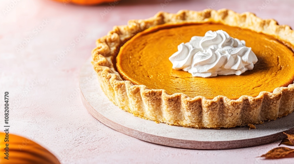 Delicious pumpkin pie topped with whipped cream on a wooden board. Delicious pumpkin pie topped with whipped cream on a wooden board.