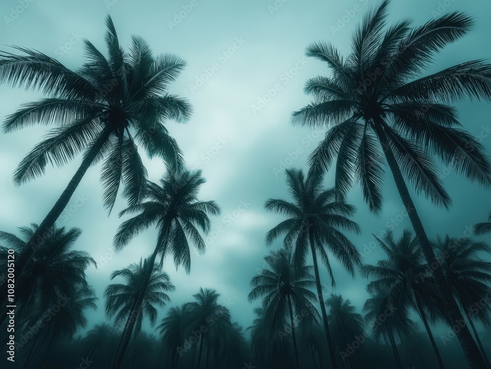 Hurricane clouds loom over swaying palm trees in the tropical landscape Hurricane clouds loom over swaying palm trees in the tropical landscape