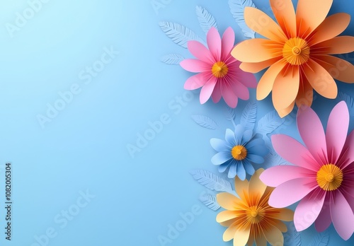 Vibrant and Colorful Paper Flowers on a Soft Blue Background, Perfect for Spring, Nature, Celebrations, and Creative Design Projects