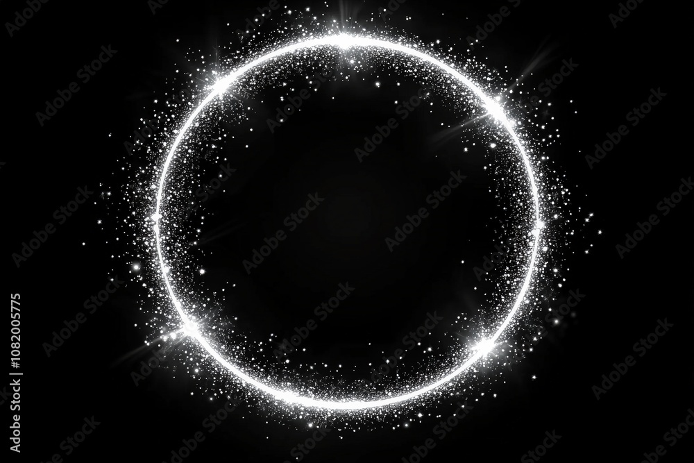 Fototapeta premium Silver glitter circle on white, light shine sparkles and grey spark particles in circle frame on black background. Christmas magic stars glow, firework confetti of glittery ring shimmer