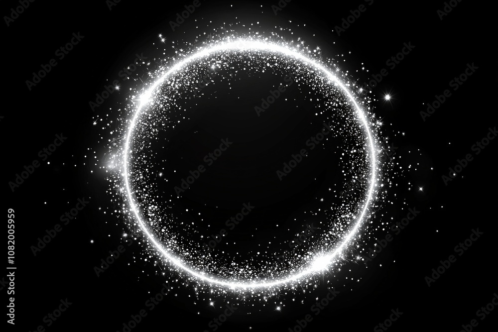 Fototapeta premium Silver glitter circle on white, light shine sparkles and grey spark particles in circle frame on black background. Christmas magic stars glow, firework confetti of glittery ring shimmer