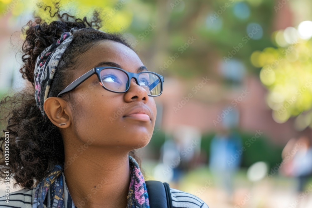 College Student Thinking. An African American Female Author on Campus Contemplating Ideas for Essay