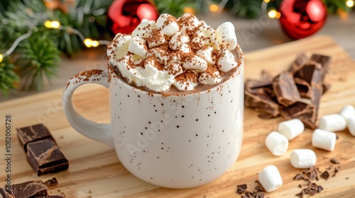 Warm and cozy hot chocolate topped with marshmallows and chocolate shavings.